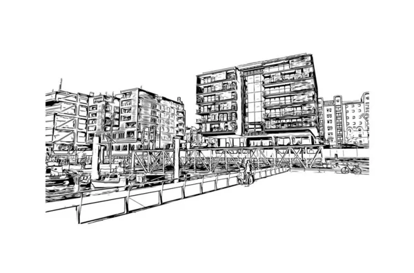 带有汉堡地标的印刷建筑景观是德国的城市 矢量手绘草图 — 图库矢量图片