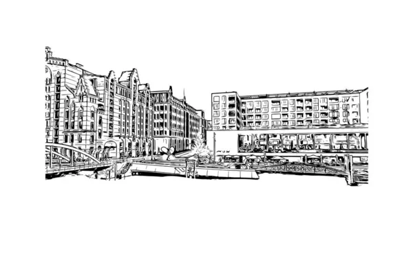 Print Building Vista Com Marco Hamburgo Cidade Alemanha Desenho Desenhado — Vetor de Stock