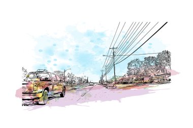 Print Building view with landmark of Kearney is the county seat of United States. Vektörde elle çizilmiş resim ile suluboya sıçraması.