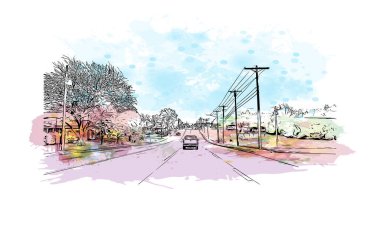 Print Building view with landmark of Kearney is the county seat of United States. Vektörde elle çizilmiş resim ile suluboya sıçraması.