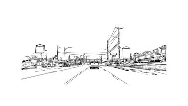 Print Building view with landmark of Kearney is the county seat of United States. Vektörde elle çizilmiş çizim çizimi.