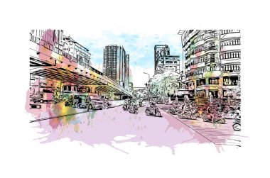 Hanoi 'nin simgesi olan Print Building View Vietnam' ın başkentidir. Vektörde elle çizilmiş resim ile suluboya sıçraması.