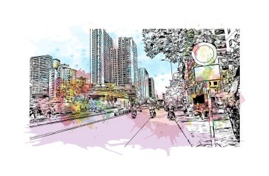 Hanoi 'nin simgesi olan Print Building View Vietnam' ın başkentidir. Vektörde elle çizilmiş resim ile suluboya sıçraması.