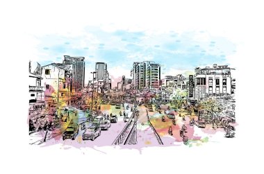 Hanoi 'nin simgesi olan Print Building View Vietnam' ın başkentidir. Vektörde elle çizilmiş resim ile suluboya sıçraması.