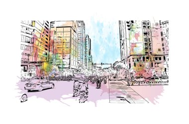 Hanoi 'nin simgesi olan Print Building View Vietnam' ın başkentidir. Vektörde elle çizilmiş resim ile suluboya sıçraması.