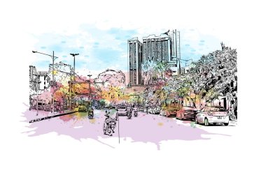 Hanoi 'nin simgesi olan Print Building View Vietnam' ın başkentidir. Vektörde elle çizilmiş resim ile suluboya sıçraması.