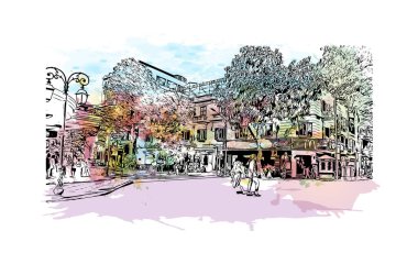 Hanoi 'nin simgesi olan Print Building View Vietnam' ın başkentidir. Vektörde elle çizilmiş resim ile suluboya sıçraması.