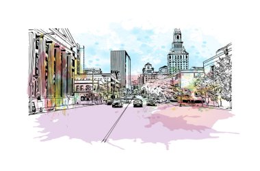 Hartford 'un simgesi olan Print Building View Connecticut' ın başkentidir. Vektörde elle çizilmiş resim ile suluboya sıçraması.