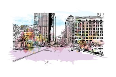 Hartford 'un simgesi olan Print Building View Connecticut' ın başkentidir. Vektörde elle çizilmiş resim ile suluboya sıçraması.