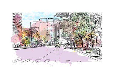 Hartford 'un simgesi olan Print Building View Connecticut' ın başkentidir. Vektörde elle çizilmiş resim ile suluboya sıçraması.