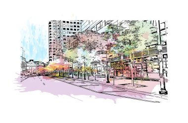 Hartford 'un simgesi olan Print Building View Connecticut' ın başkentidir. Vektörde elle çizilmiş resim ile suluboya sıçraması.