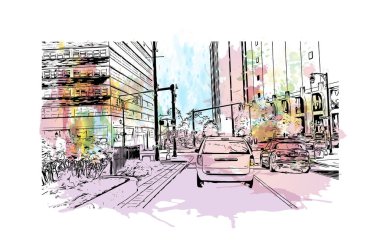 Hartford 'un simgesi olan Print Building View Connecticut' ın başkentidir. Vektörde elle çizilmiş resim ile suluboya sıçraması.