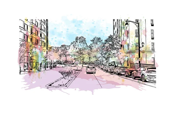 Hartford 'un simgesi olan Print Building View Connecticut' ın başkentidir. Vektörde elle çizilmiş resim ile suluboya sıçraması.