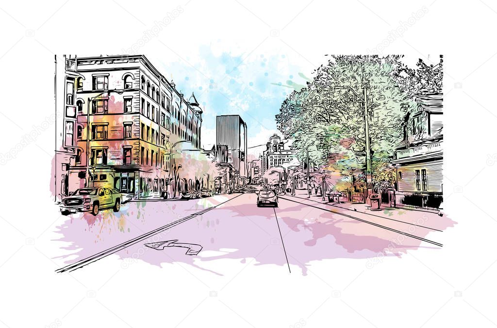 Print  Building view with landmark of Hartford is the capital of Connecticut. Watercolor splash with hand drawn sketch illustration in vector.