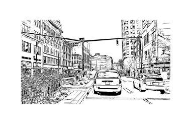 Hartford 'un simgesi olan Print Building View Connecticut' ın başkentidir. Vektörde elle çizilmiş çizim çizimi.