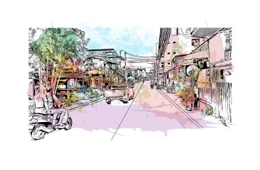 Print Building view with landmark of Hat Yai is the city in Thailand. Vektörde elle çizilmiş resim ile suluboya sıçraması.