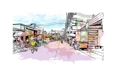 Print Building view with landmark of Hat Yai is the city in Thailand. Vektörde elle çizilmiş resim ile suluboya sıçraması.