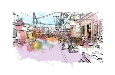 Print Building view with landmark of Hat Yai is the city in Thailand. Vektörde elle çizilmiş resim ile suluboya sıçraması.