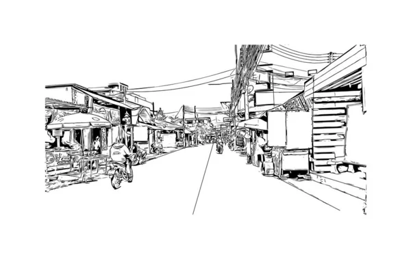 Print Building Vista Com Marco Hat Yai Cidade Tailândia Desenho — Vetor de Stock