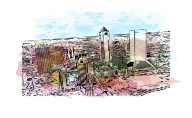 Jacksonville 'in simgesi olan Print Building View, Florida' nın en kalabalık şehridir. Vektör içinde el çizimi çizimi eşkali ile suluboya sıçraması.