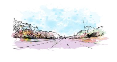 Jacksonville 'in simgesi olan Print Building View, Florida' nın en kalabalık şehridir. Vektör içinde el çizimi çizimi eşkali ile suluboya sıçraması.