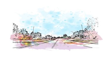 Jacksonville 'in simgesi olan Print Building View, Florida' nın en kalabalık şehridir. Vektör içinde el çizimi çizimi eşkali ile suluboya sıçraması.