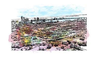 Jacksonville 'in simgesi olan Print Building View, Florida' nın en kalabalık şehridir. Vektör içinde el çizimi çizimi eşkali ile suluboya sıçraması.