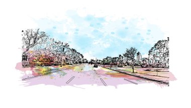 Jacksonville 'in simgesi olan Print Building View, Florida' nın en kalabalık şehridir. Vektör içinde el çizimi çizimi eşkali ile suluboya sıçraması.