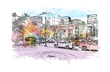 Halifax 'ın simgesi olan Print Building View Kanada' da bulunmaktadır. Vektörde elle çizilmiş resim ile suluboya sıçraması.