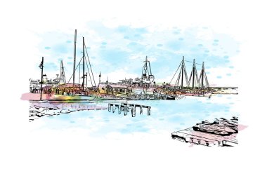 Halifax 'ın simgesi olan Print Building View Kanada' da bulunmaktadır. Vektörde elle çizilmiş resim ile suluboya sıçraması.