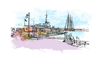 Halifax 'ın simgesi olan Print Building View Kanada' da bulunmaktadır. Vektörde elle çizilmiş resim ile suluboya sıçraması.