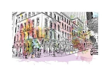 Halifax 'ın simgesi olan Print Building View Kanada' da bulunmaktadır. Vektörde elle çizilmiş resim ile suluboya sıçraması.