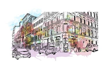 Halifax 'ın simgesi olan Print Building View Kanada' da bulunmaktadır. Vektörde elle çizilmiş resim ile suluboya sıçraması.