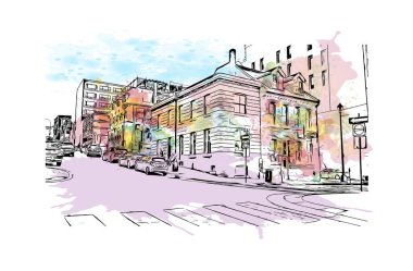 Halifax 'ın simgesi olan Print Building View Kanada' da bulunmaktadır. Vektörde elle çizilmiş resim ile suluboya sıçraması.