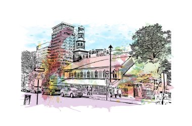 Halifax 'ın simgesi olan Print Building View Kanada' da bulunmaktadır. Vektörde elle çizilmiş resim ile suluboya sıçraması.