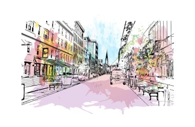 Halifax 'ın simgesi olan Print Building View Kanada' da bulunmaktadır. Vektörde elle çizilmiş resim ile suluboya sıçraması.
