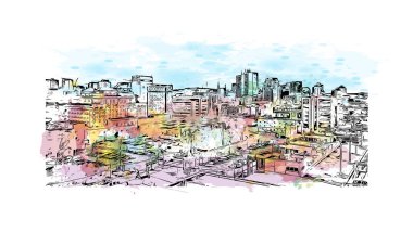 Halifax 'ın simgesi olan Print Building View Kanada' da bulunmaktadır. Vektörde elle çizilmiş resim ile suluboya sıçraması.