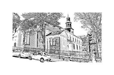 Halifax 'ın simgesi olan Print Building View Kanada' da bulunmaktadır. Vektörde elle çizilmiş çizim çizimi.