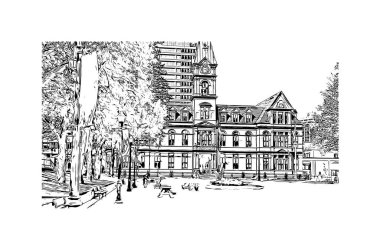 Halifax 'ın simgesi olan Print Building View Kanada' da bulunmaktadır. Vektörde elle çizilmiş çizim çizimi.