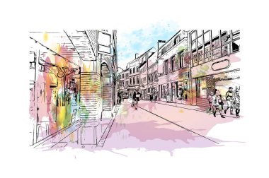 Halle 'nin simgesi olan Print Building Manzarası Almanya' daki bir şehirdir. Vektörde elle çizilmiş resim ile suluboya sıçraması.