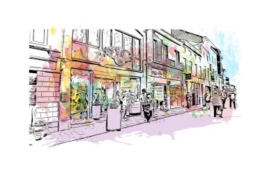 Halle 'nin simgesi olan Print Building Manzarası Almanya' daki bir şehirdir. Vektörde elle çizilmiş resim ile suluboya sıçraması.