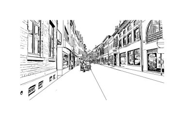 Halle 'nin simgesi olan Print Building Manzarası Almanya' daki bir şehirdir. Vektörde elle çizilmiş çizim çizimi.