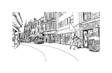 Halle 'nin simgesi olan Print Building Manzarası Almanya' daki bir şehirdir. Vektörde elle çizilmiş çizim çizimi.