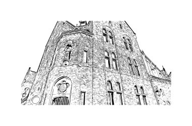 Halle 'nin simgesi olan Print Building Manzarası Almanya' daki bir şehirdir. Vektörde elle çizilmiş çizim çizimi.