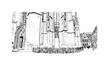 Halle 'nin simgesi olan Print Building Manzarası Almanya' daki bir şehirdir. Vektörde elle çizilmiş çizim çizimi.