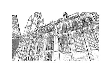 Halle 'nin simgesi olan Print Building Manzarası Almanya' daki bir şehirdir. Vektörde elle çizilmiş çizim çizimi.