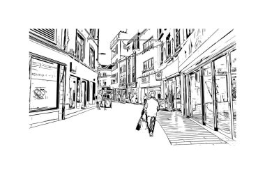 Halle 'nin simgesi olan Print Building Manzarası Almanya' daki bir şehirdir. Vektörde elle çizilmiş çizim çizimi.