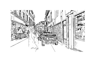 Halle 'nin simgesi olan Print Building Manzarası Almanya' daki bir şehirdir. Vektörde elle çizilmiş çizim çizimi.