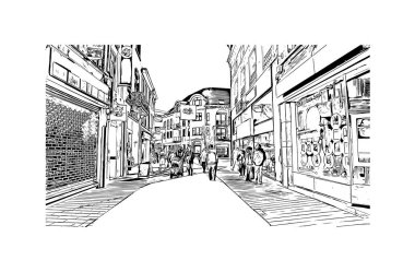 Halle 'nin simgesi olan Print Building Manzarası Almanya' daki bir şehirdir. Vektörde elle çizilmiş çizim çizimi.