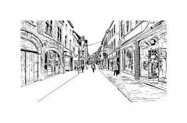 Halle 'nin simgesi olan Print Building Manzarası Almanya' daki bir şehirdir. Vektörde elle çizilmiş çizim çizimi.